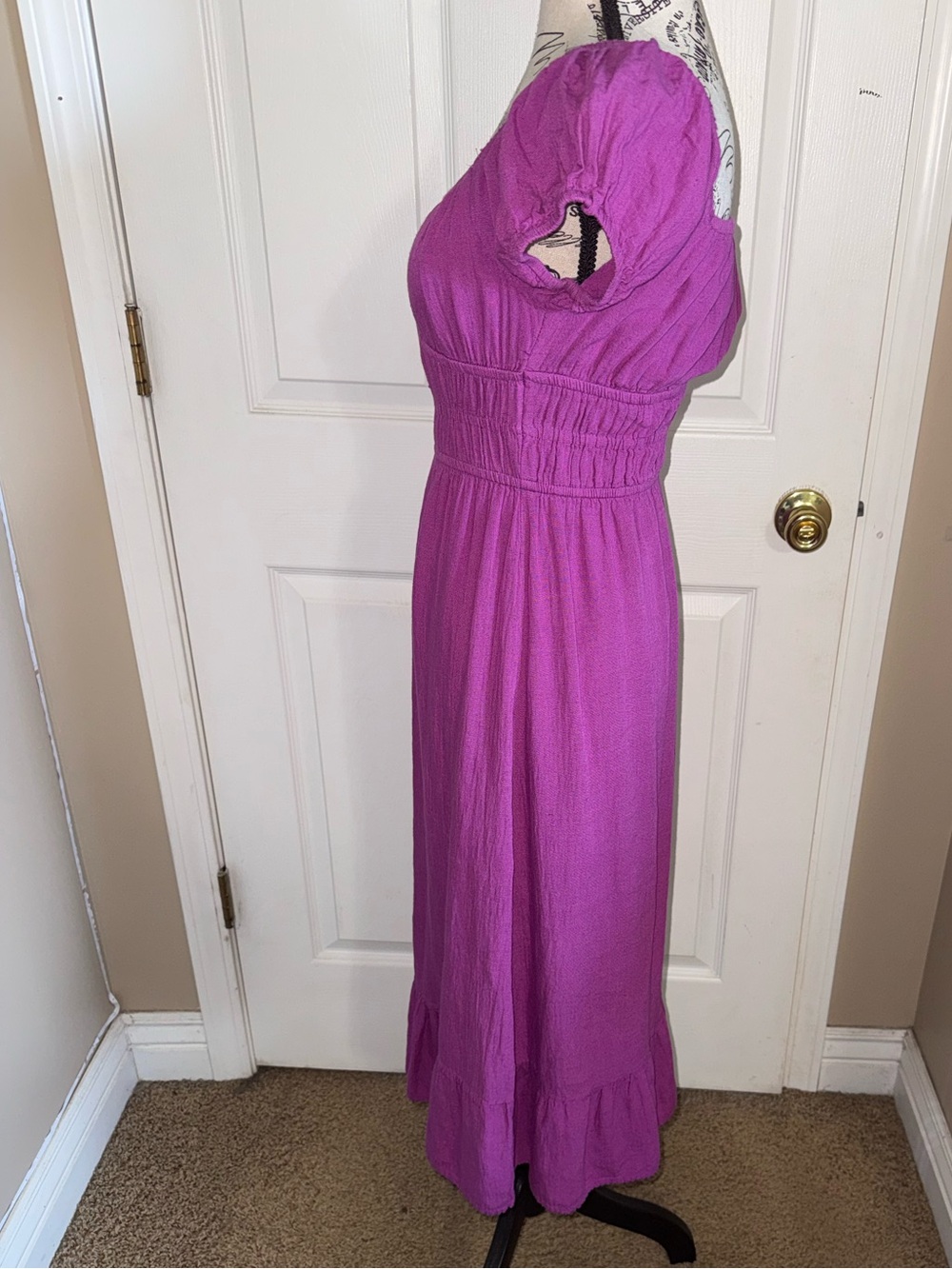 Sim & Sam Purple Linen Blend Smocked Puff Sleeve Midi Dress Small - Picture 5 of 9